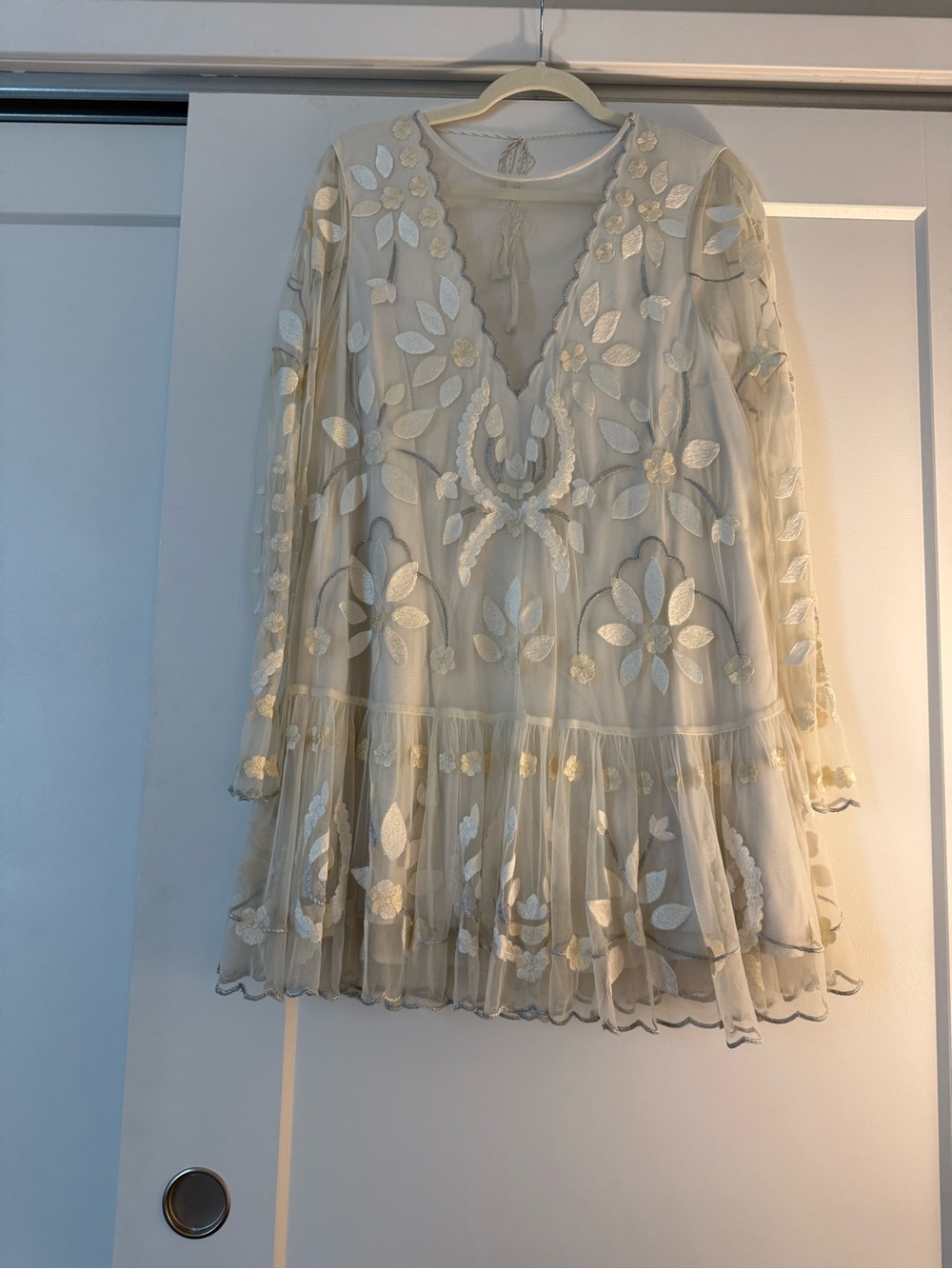 Free People Embroidered V-Neck Long Sleeve Mini Dress in Ivory